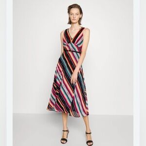 Lauren Ralph Lauren striped belted midi dress womens size 12 v neck chic